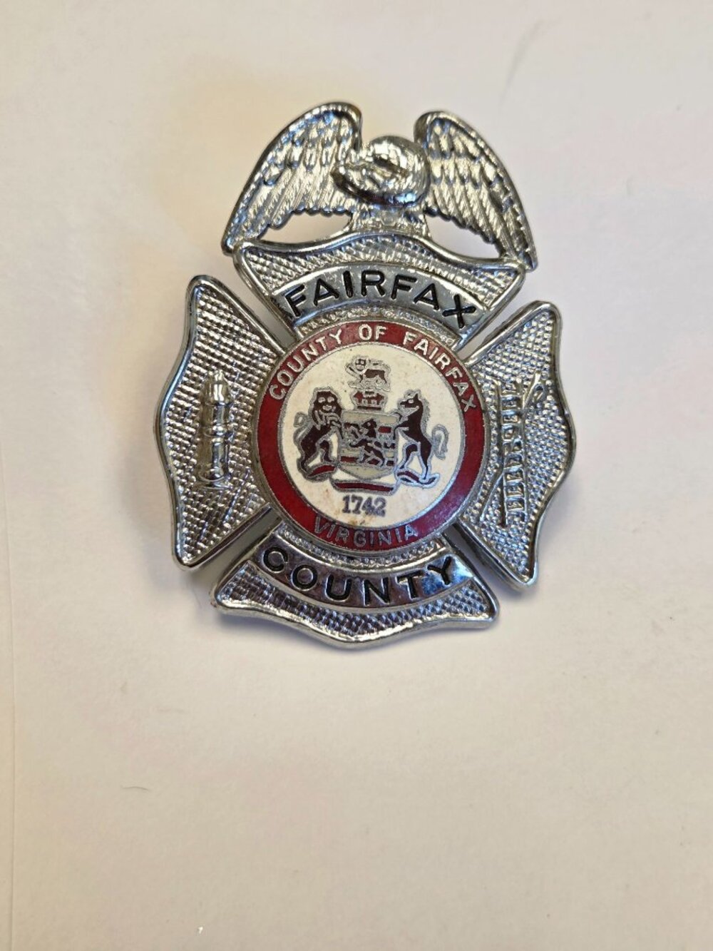 Fairfax County Firefighter Badge Silver & Red Collectible Pin Virginia County 17
